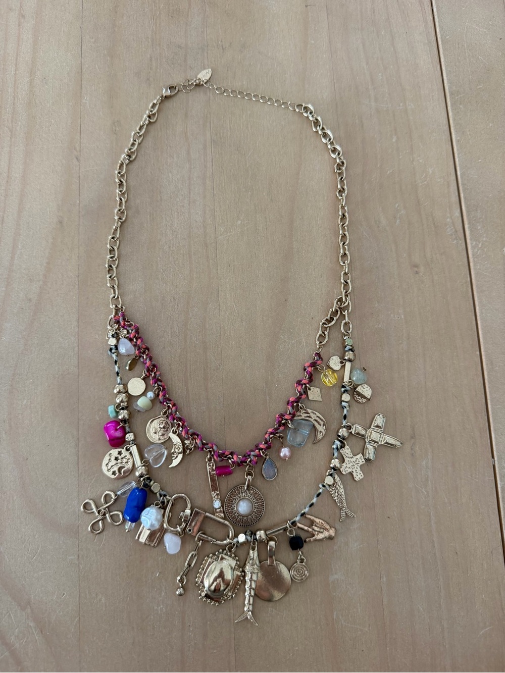 Free People Gold-Tone Multi Charm Necklace with Pink & Blue Accents - Picture 3 of 9
